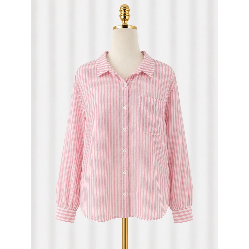 LL Bean Shirt Pink White Striped Seersucker Long Sleeve Button Down Coastal XL